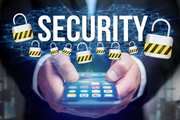 Concept of man holding interactive interface with security title and multimedia padlock icons flying all around - Internet concept