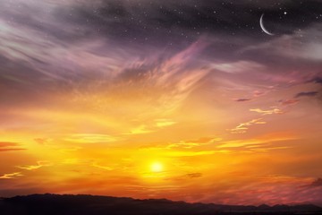 Light in dark sky . Sunset or sunrise with clouds  . Religion background .     Silhouette of the night city . Ramadan .  Sunset and new moon . Mubarak background  . Ramadan Kareem 