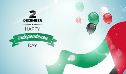 2 December. UAE Independence Day greeting card. Celebration background with flying balloons and waving flag. Vector illustration