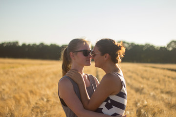 Lovely lesbian couple together, holding hands and having good time in summer wheat fields