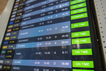 Flights, arrival and departures on information board