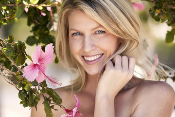 Portrait of beautiful flower girl, smiling
