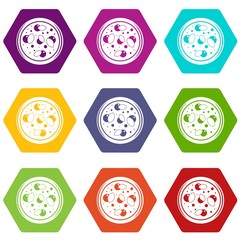 Pizza with greens icon set color hexahedron