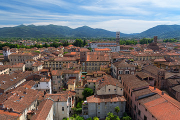 Fototapeta na wymiar Aerial view of the small medieval town of Lucca, Toscana (Tuscany), Italy, Europe. View from the Guinigi tower