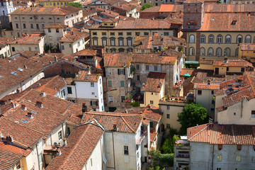 Fototapeta na wymiar Aerial view of the small medieval town of Lucca, Toscana (Tuscany), Italy, Europe. View from the Guinigi tower