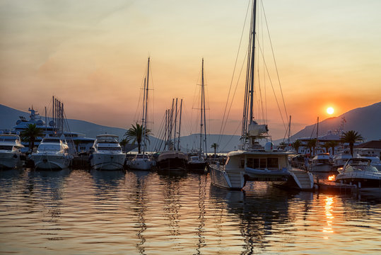 Yachts in port during the sunset 