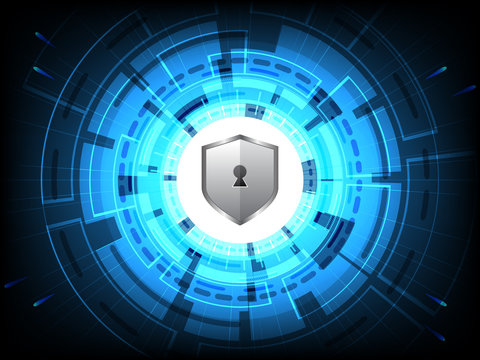Cyber security concept vector illustration. Silver shield for privacy protection on blue circle technology background.