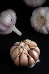 close up of garlic bulb on black background