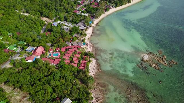 Drone flying above Haad Son sand beach and Secret beach at koh Phangan island,Thailand