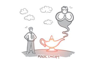 Magic concept. Hand drawn lamp of wishes. Genie coming out of the bottle isolated vector illustration.