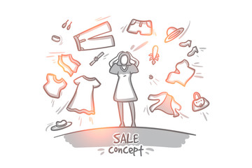 Sale concept. Hand drawn happy woman shopping for clothes. Seasonal sale isolated vector illustration.