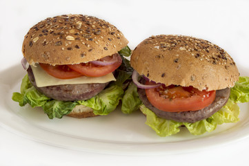 Hamburger meat and vegetables on white background