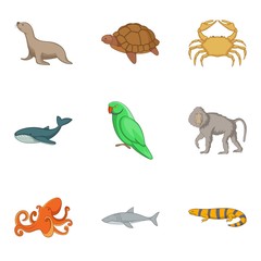 Water inhabitant icons set, cartoon style