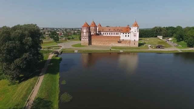 Landscape, aerial view of the medieval castle, mir castle view from height, Belarus. 
