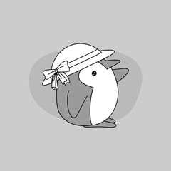 penguin doodle, summer penguin, cute animal vector illustration, grayscale, cartoon