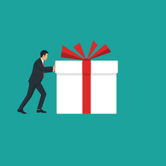 Businessman is carrying a white gift box with a red ribbon. Vector illustration flat design. Isolated on background. Human giving, receiving surprise. Delivery of gifts for the holiday.