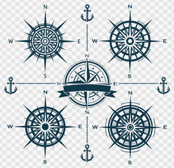 Set of blue compass roses or wind roses on transparent background. Vector illustration.
