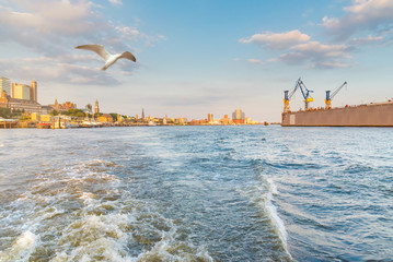 Hamburg cityscape seen from a boat on the river Elbe under beautiful summer sky © Christian Horz