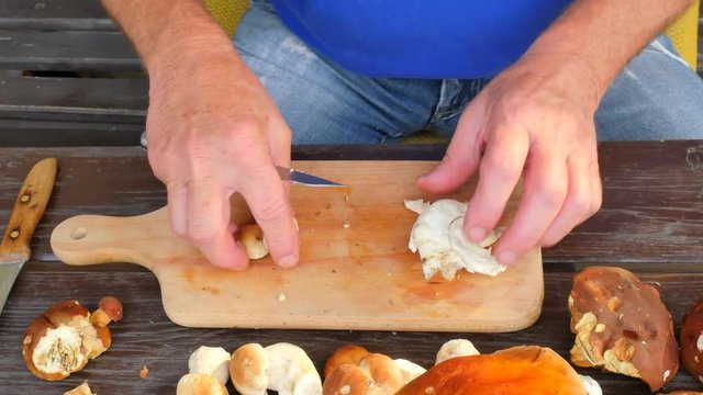 Cleaning of wild mushroom with kitchen knife in old hands. Man hands take carefully mushroom and remove clay or roots from stem