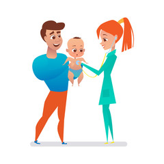 Family doctor woman listening to a baby stethoscope on father's hands on isolated white background