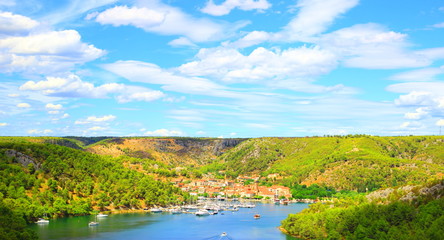 Fototapeta na wymiar Panoramic view of Skradin town and river Krka in Croatia