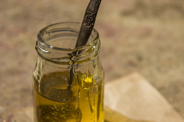 Organic pure honey in jar. Close up
