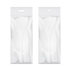 Set of blank transparent plastic bag template. White packaging with hang slot. Mockup Vector illustration
