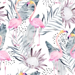 Tapeten Flamingo Abstraktes tropisches Muster mit Flamingo, Protea, Blättern. Aquarell nahtloser Druck. Minimalismus-Illustration