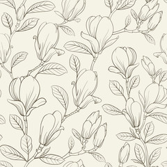 Magnolia blooming flower. Linear style of Magnolia Flower for seamless pattern. Line illustration on a gray background. Vector illustration.