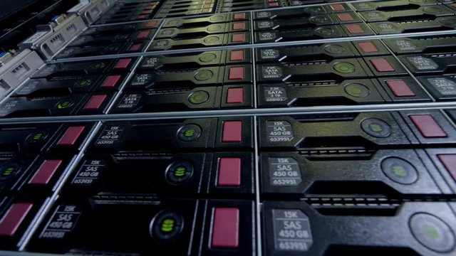 Data storage rack in low angle view.