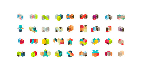 Big Set of minimal geometric multicolor shapes. Trendy hipster icons and logotypes. Business signs symbols, labels, badges, frames and borders