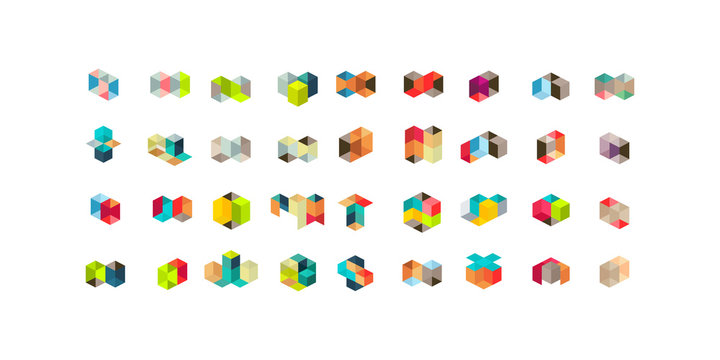 Big Set of minimal geometric multicolor shapes. Trendy hipster icons and logotypes. Business signs symbols, labels, badges, frames and borders