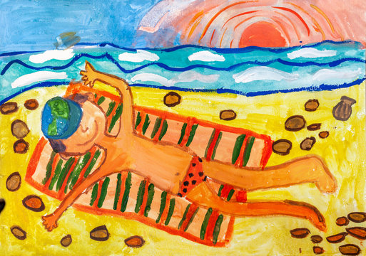 Children's drawing. The boy sunbathes on beach