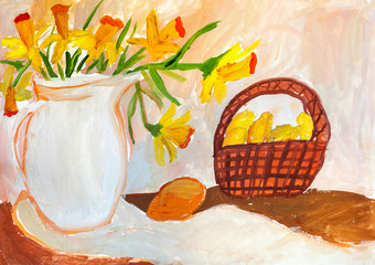 Children's drawing. Still life with daffodils and fruit basket