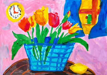 Children's drawing. Still life with tulips and round clock