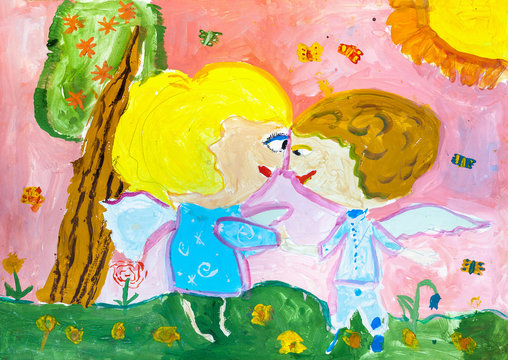 Children's drawing. Boy and girl angels facing each other