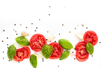 food background of tomato, garlic and basil on white background. Top view, copy space