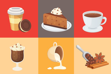 Coffee set and sweet desserts isolated vector illustration. Different drink types including espresso, macchiato, chocolate.