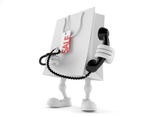 Shopping bag character holding a telephone handset