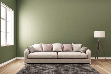 Interior with sofa and green wall.3D Illustration