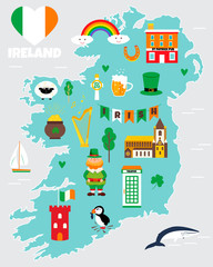 Tourist map of Ireland with landmarks and symbols.