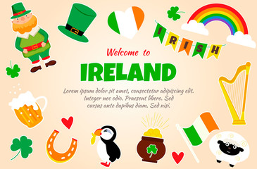 Trip to Ireland or Dublin. Set of illustrations of Irish drinks, costumes, traditional symbols, musical instruments, nature, symbols.