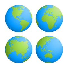 Set of four planet Earth globes with green land silhouette map on blue water background. 3D Vector illustration.