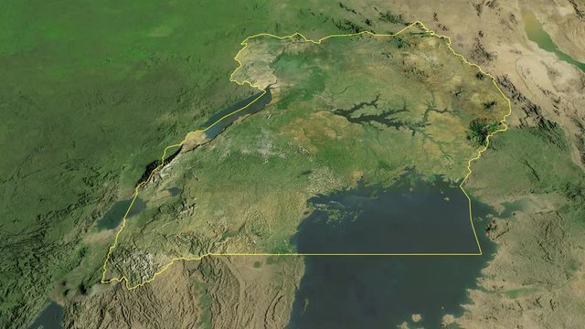 Uganda, glide over the satellite map, outlined