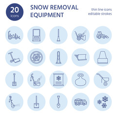 Snow removal flat line icons. Ice relocation service signs. Cold weather equipment - snow thrower, blower, truck, front loader, snow shovel. Vector illustration, industrial cleaning symbols.