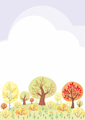 The autumn woods. Trees and plants  in cartoon style. Vector decorative frame.