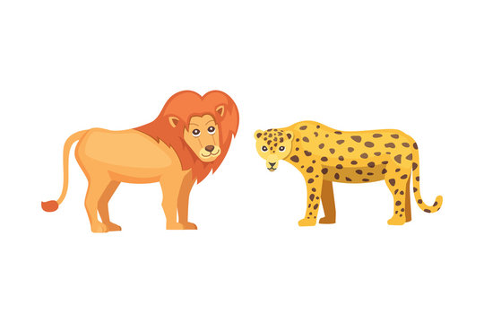 lion and leopard savanna animals in cartoon style