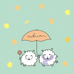 sheep under an umbrella with a handwritten inscription 