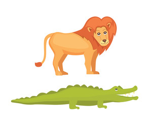 lion and crocodile savanna animals in cartoon style