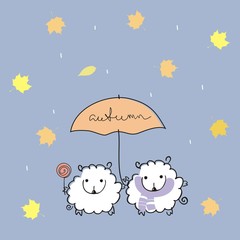 Two cute sheep under an umbrella with a handwritten inscription 